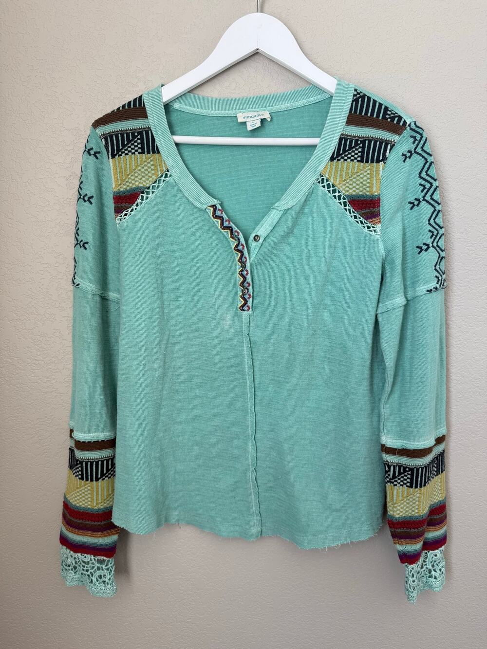 Sundance Embroidered Boho Henley Top Large Aqua Mixed Knit Lace Sleeve